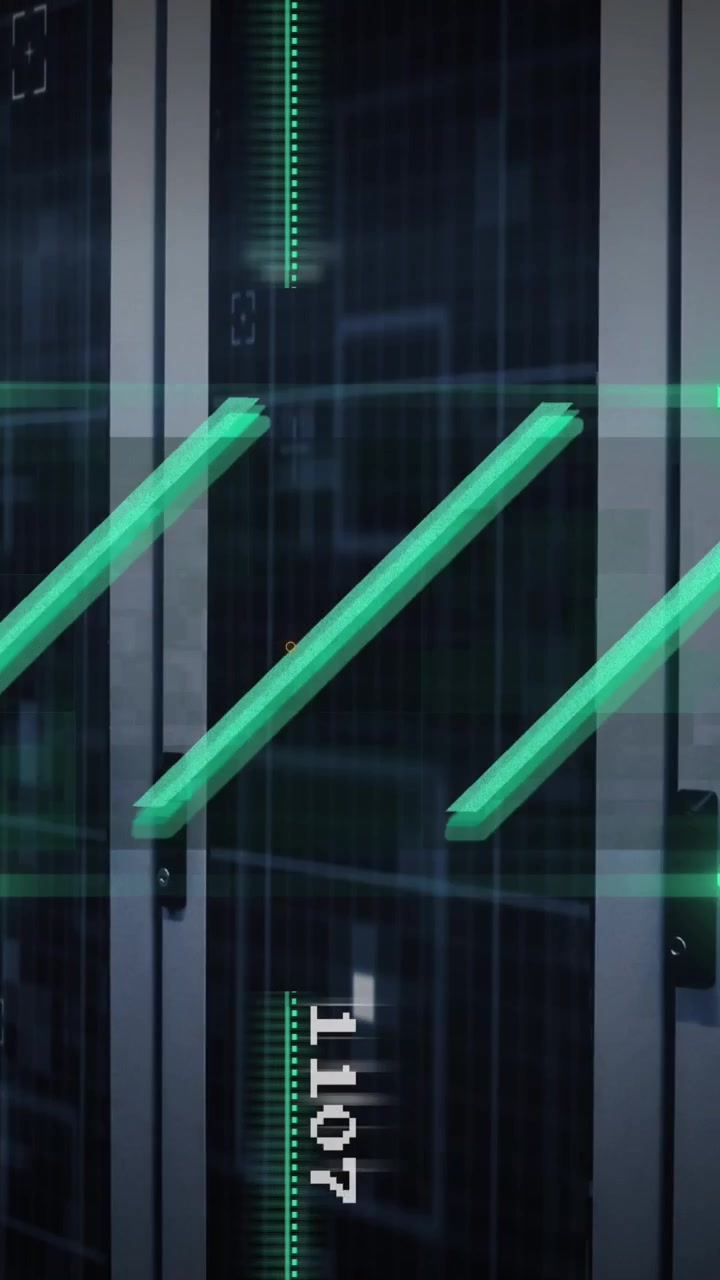 Animation of lines in viewfinder with changing numbers over data server racks