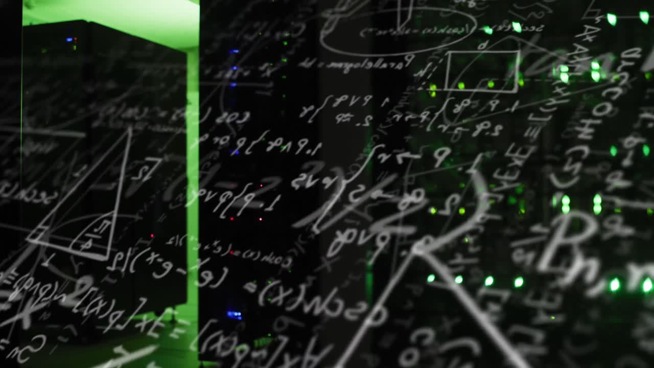 Animation of mathematical equation and diagrams against illuminated server rack in server room