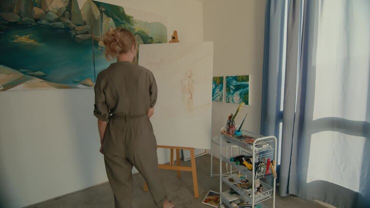 Woman Artist Painting in Studio