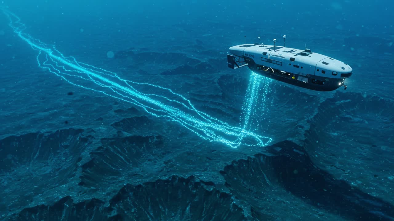 Exploring the Deep Sea: A Submersible Vessel Illuminates the Ocean Floor with Blue Light Trails in an Underwater Expedition Adventure