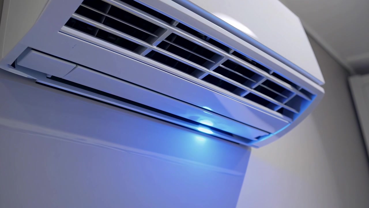 Modern Air Conditioner Unit Turning On and Off with Blue Light