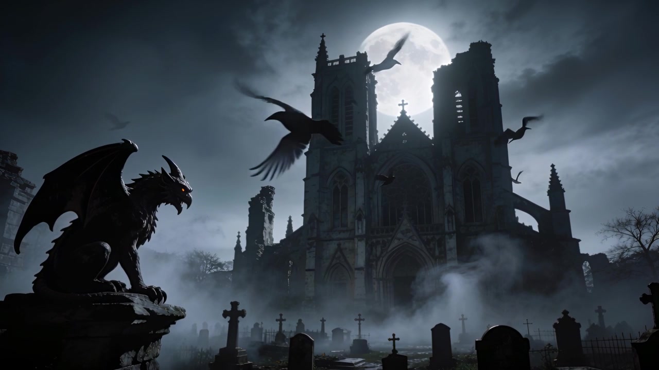 Stormo di uccelli che sbatte le ali si lancia attraverso la luna sopra una cattedrale, un gargoyle, con nebbia che turbina.