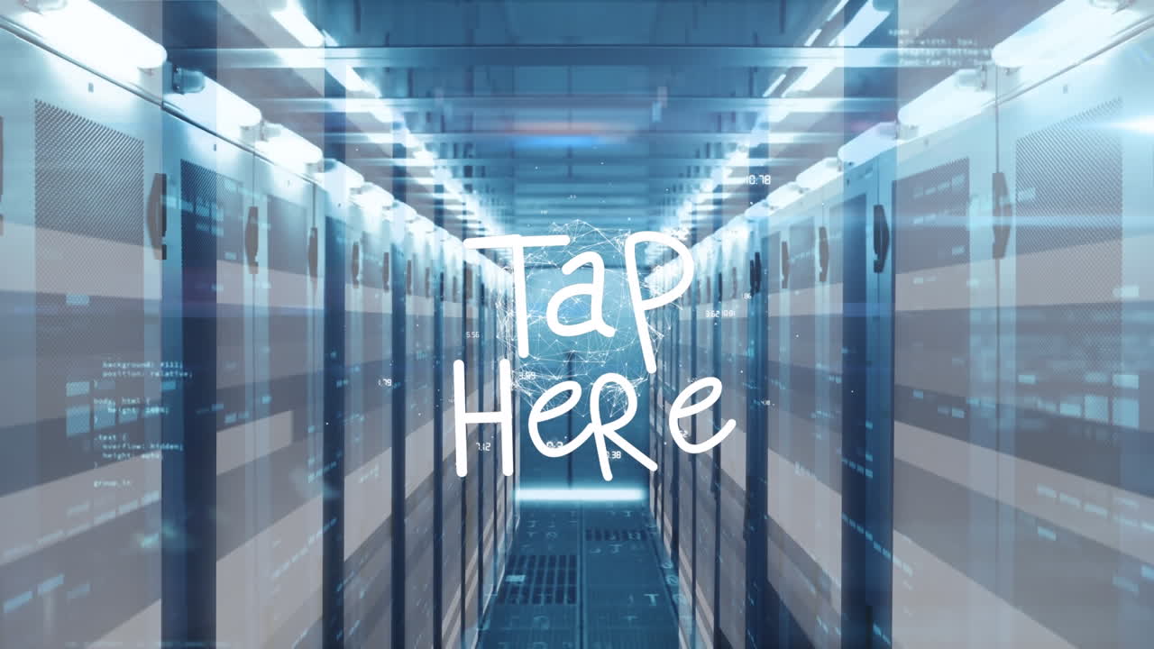 Animation af "tryk her"-tekst og databehandling over computerservere