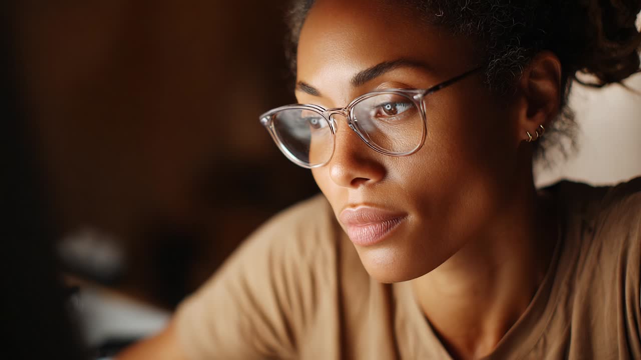 A focused, contemplative young woman with glasses deeply engaged in her tasks, captured in a moment of concentration, showcasing the nuances of her expression and intents as she works thoughtfully