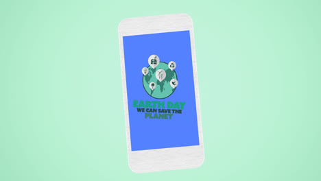 Animation-of-ecology-earth-day-text-and-globe-logo-over-smartphone-screen-on-green