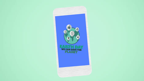 animation of ecology earth day text and globe logo over smartphone screen on green