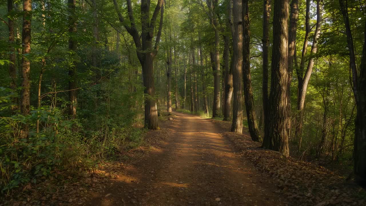 Inizio con camera che si muove in avanti lungo un sentiero sterrato nel bosco, mostrando i tronchi degli alberi e la luce screziata