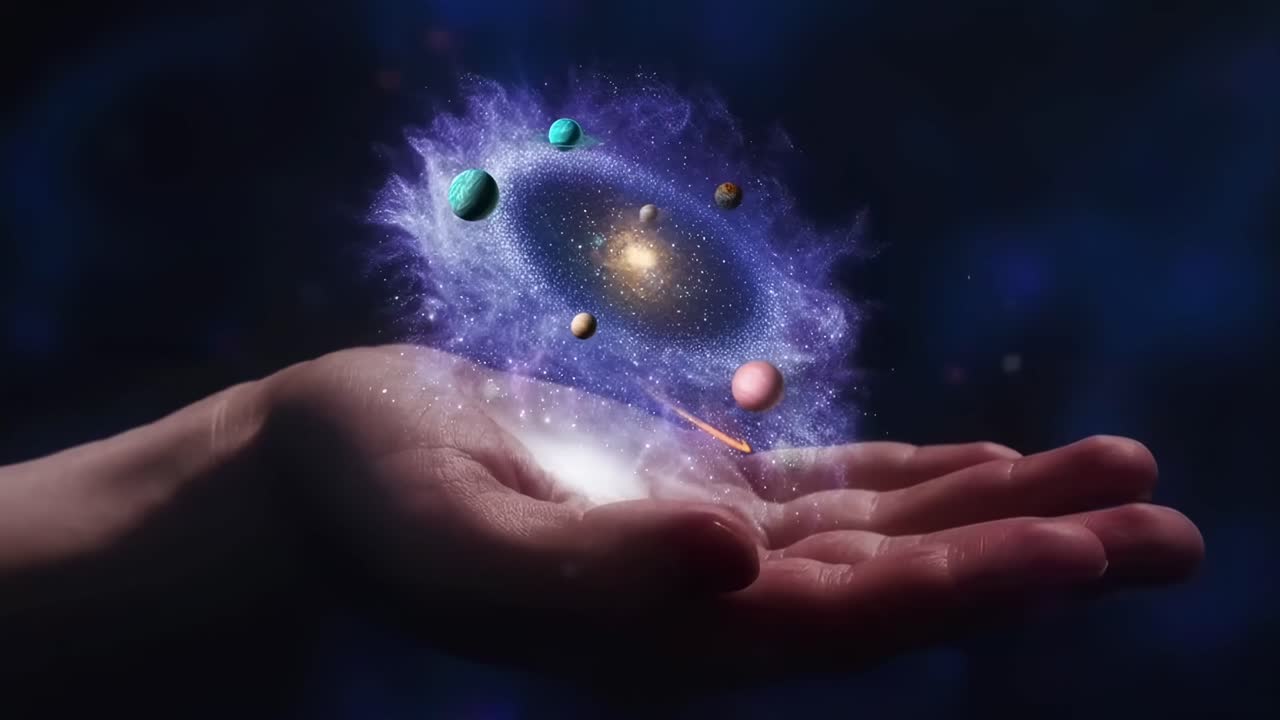 Et kosmisk videokoncept med en nærbilledvinkel af en hånd, der holder en miniaturegalakse