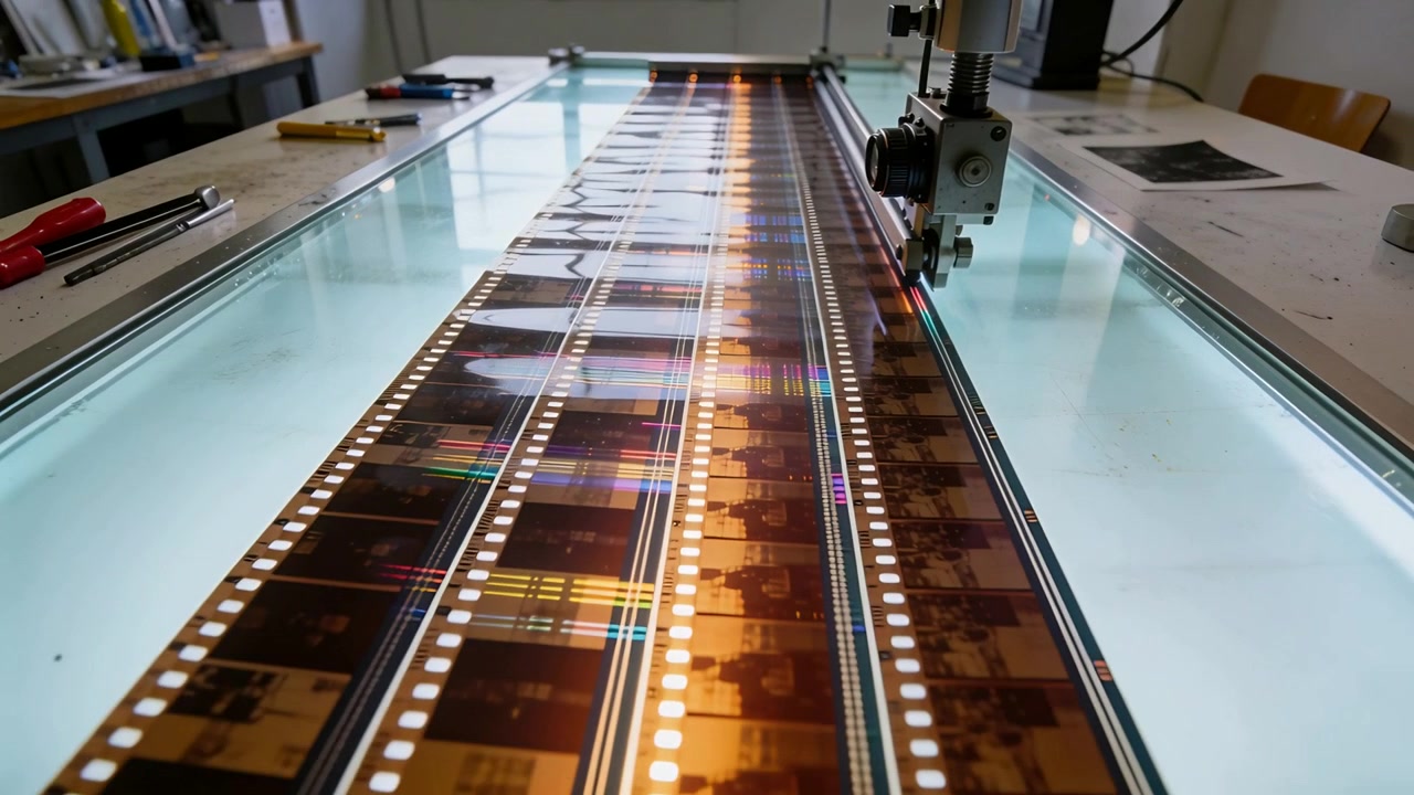 Engaging cutting head advancing along rails, aligning color negative on lightbox for trimming
