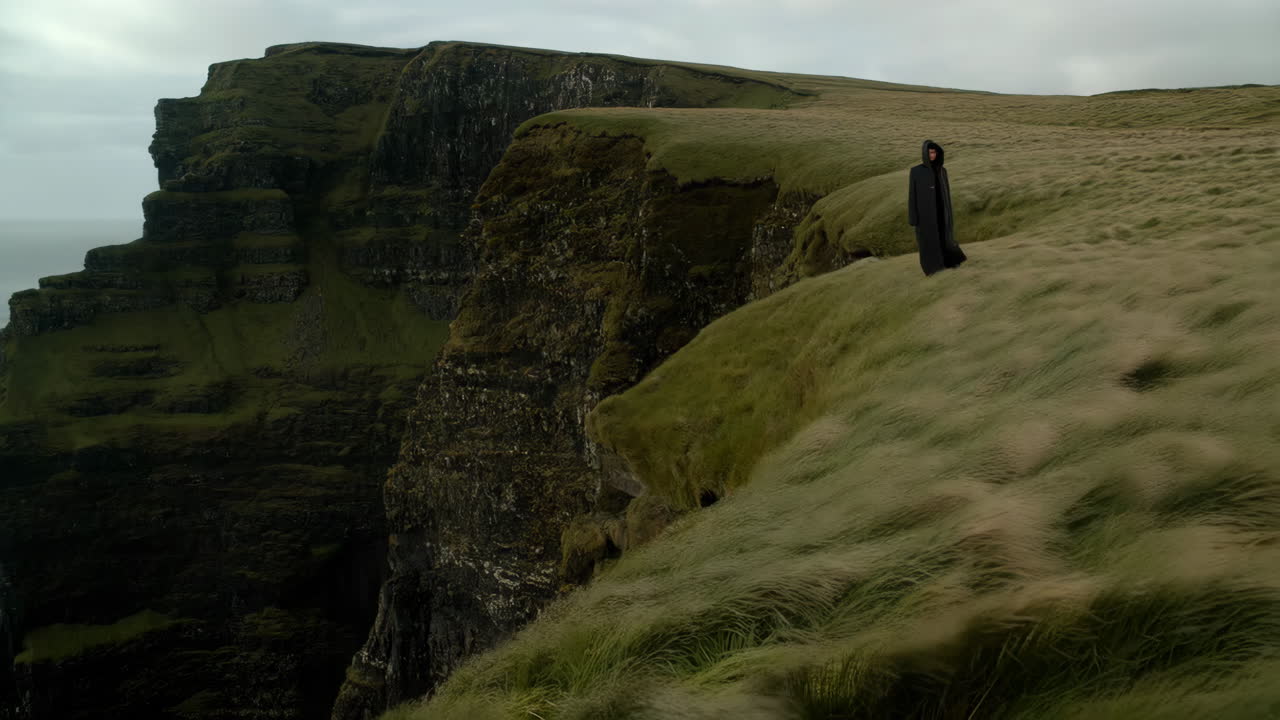 Mysterious Hooded Figure on a Grassy Cliff Edge Overlooking the Ocean