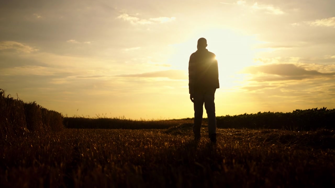 Silhouette di un uomo che cammina attraverso un campo al tramonto