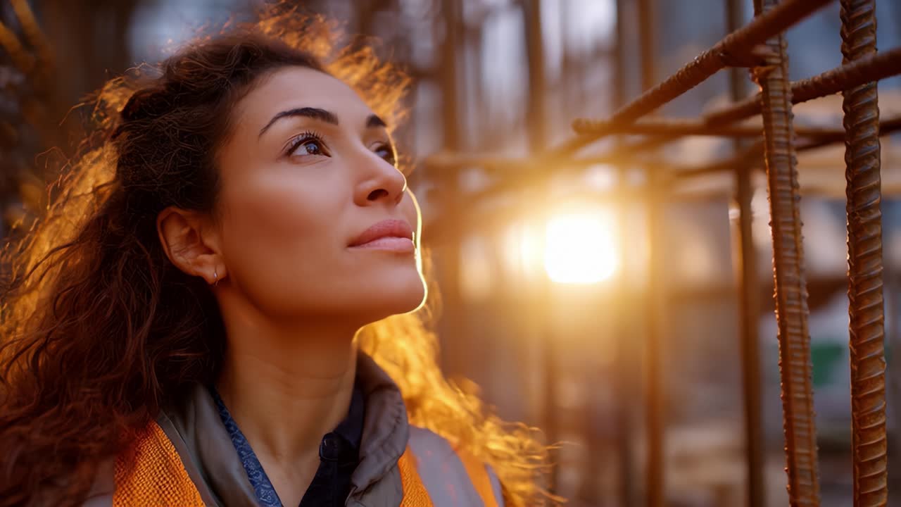 A determined young woman gazes towards the horizon, embracing the sunrise amidst the industrial backdrop, symbolizing hope and ambition in a construction environment at dawn