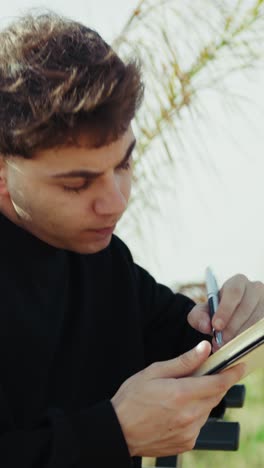 young student writing notes with a pen while on the park bench