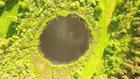 aerial flight from top bottom over an small lake with perfectly round shape.