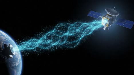 an impressive spacecraft emitting energy beams towards earth, showcasing advanced technology and cosmic interactions in a stunning celestial setting