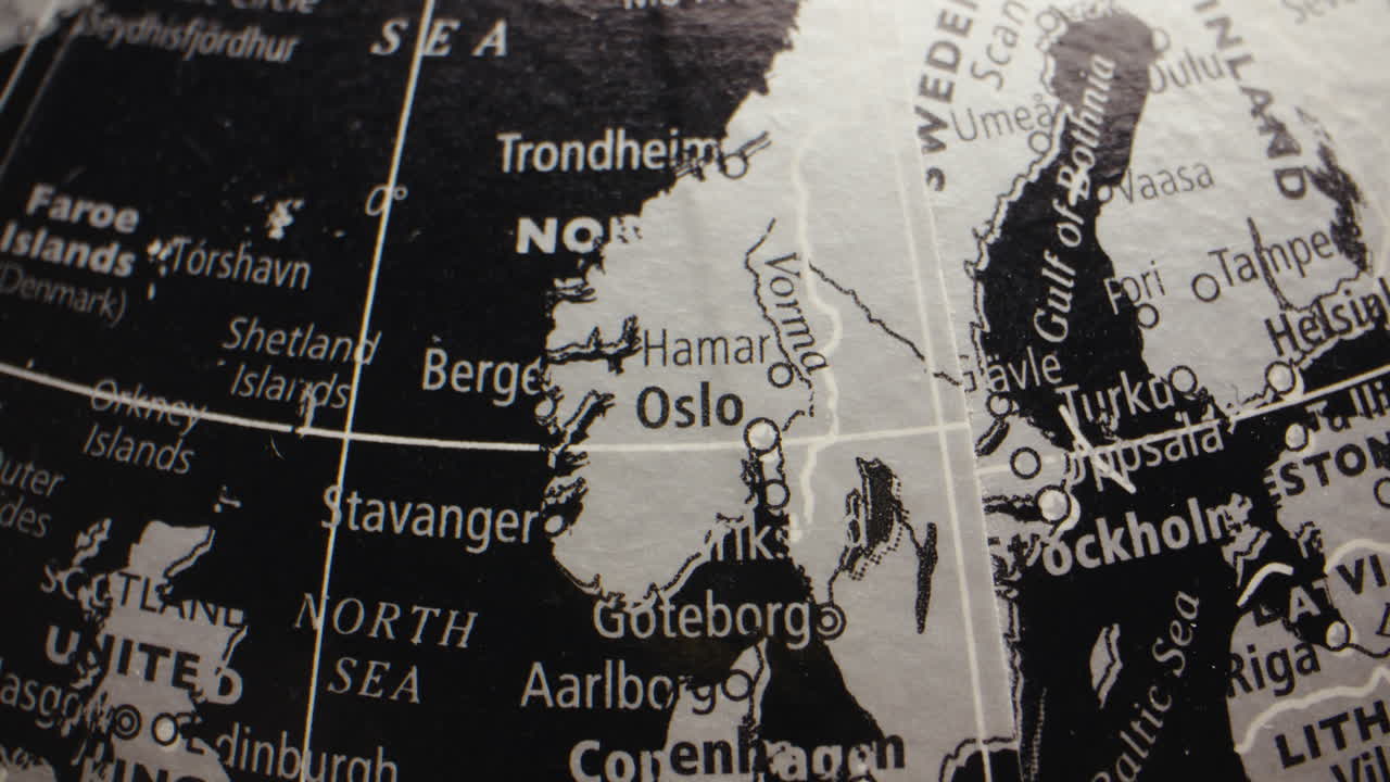 Close-up detail of a globe map showing Northern Europe