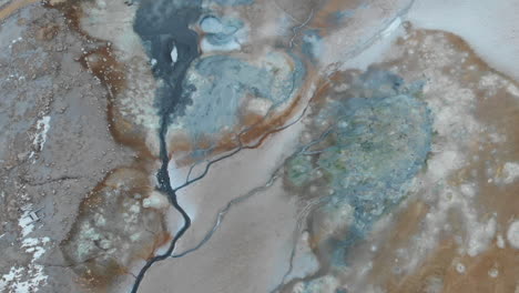 vista aérea de pájaro, vapores de aguas termales geotérmicas en el paisaje de islandia