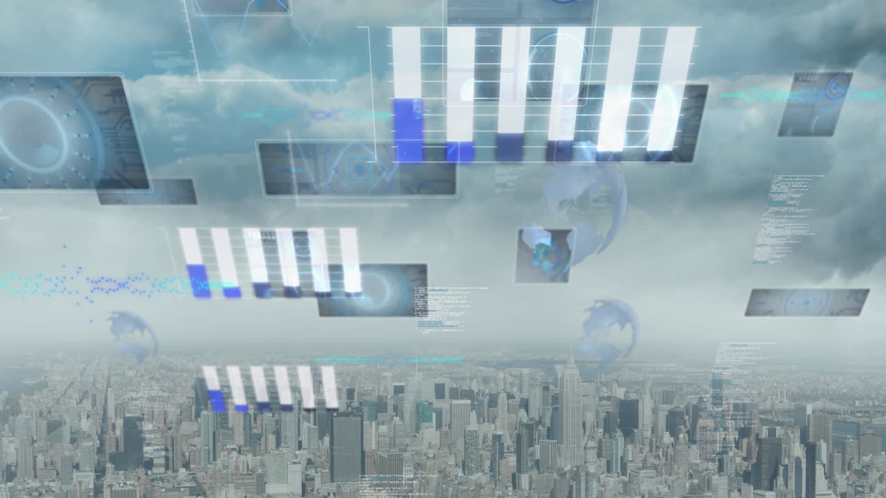 도시 풍경 위의 데이터 처리 애니메이션