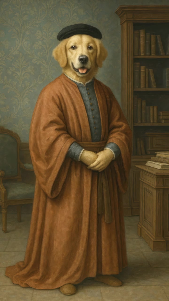 Golden Retriever vestito con abiti rinascimentali che si volta in una biblioteca