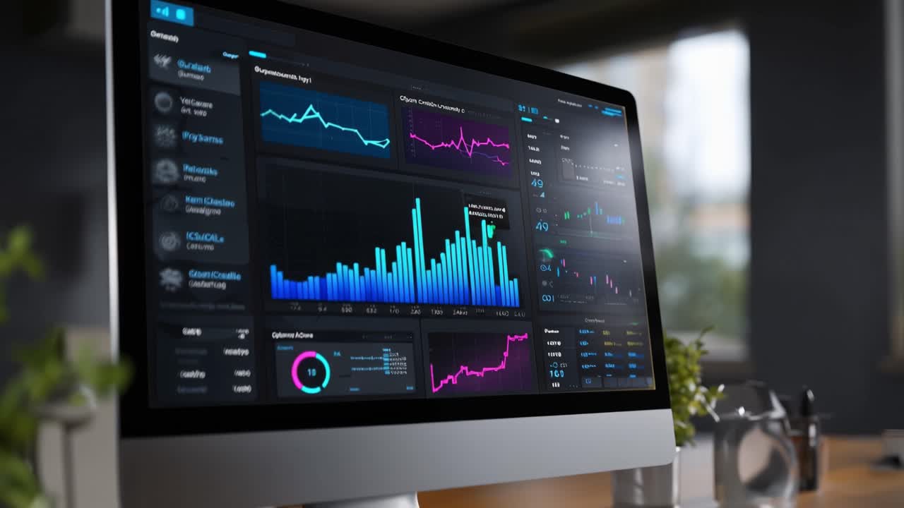 A Modern Desktop Computer Displaying Advanced Data Analytics with Colorful Graphs, Charts, and Metrics for In-Depth Performance Analysis in a Professional Setting