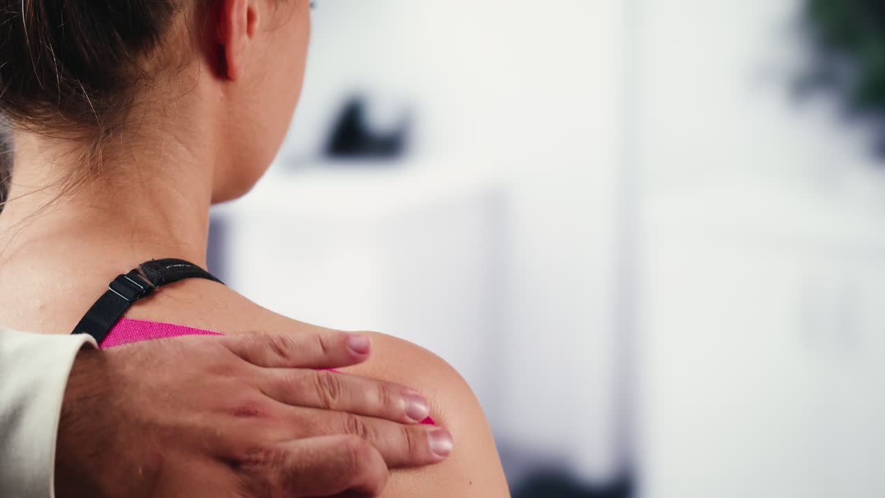 Kinesiology medical taping, doctor Physical therapist applying elastic surgical tape to patient body, treating injured knee young athlete.Post traumatic rehabilitation, sport physical therapy recovery