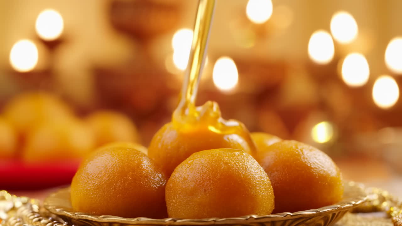 Sciroppo dorato versato su dolci tradizionali indiani