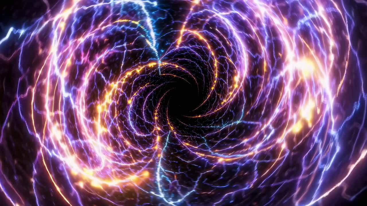 A dynamic, swirling vortex of electric blue and orange lights, captured from a central angle