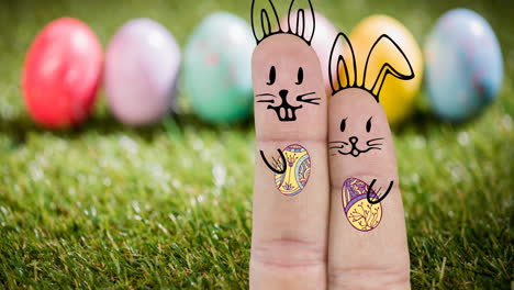 animation of hands with drawings of rabbit with easter eggs over easter eggs on grass