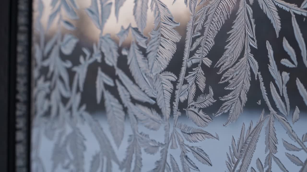 Close-up video of frost patterns on a window, showcasing intricate leaf-like designs