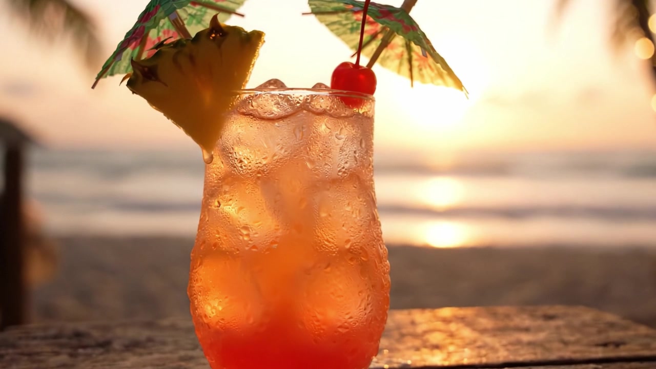Un rinfrescante cocktail tropicale con ombrellini colorati e guarnizioni di frutta fresca che luccica al tramonto, perfetto da sorseggiare in spiaggia.