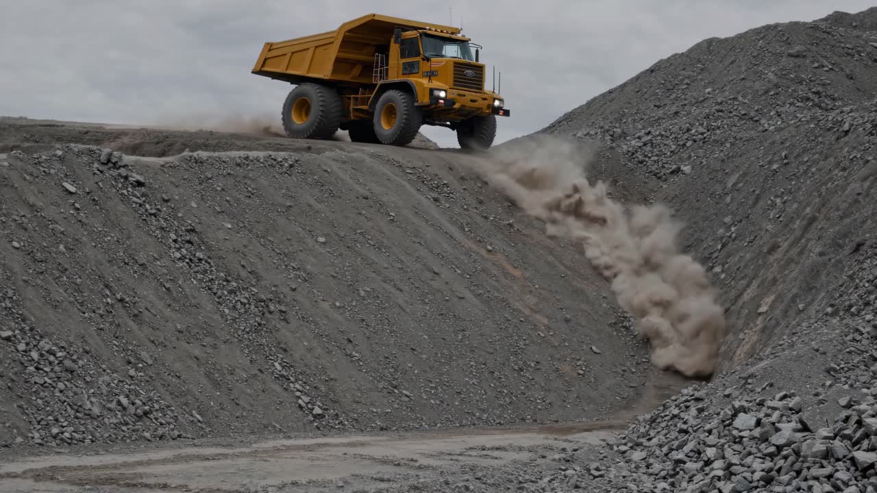 Dump Truck Climbing a Steep Hill in Mining Area