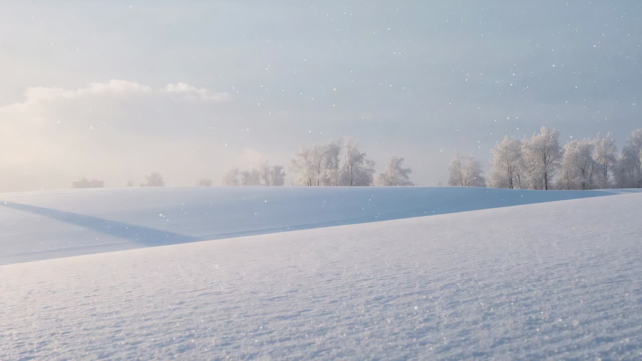 Casting sunrise light across snow-covered field on cold morning, showing frosted trees and shadow