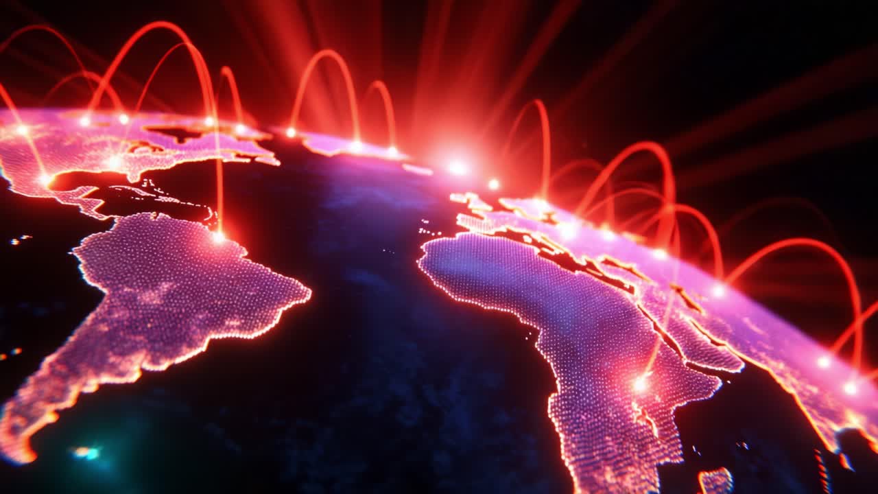 A Stunning Visualization of a Global Network with Emphasis on Connectivity, Interactivity, and Digitalization Showcasing Light Trails Over Earth's Surface in an Innovative and Engaging Style