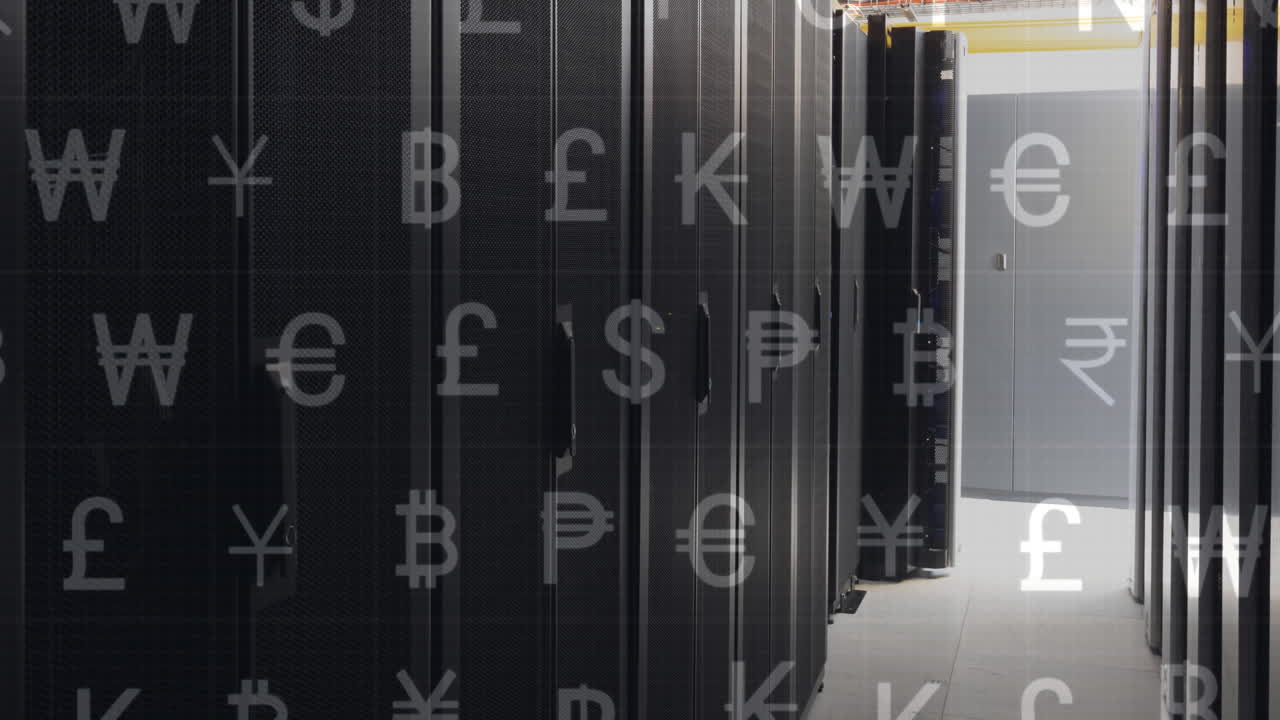 Animation of currency symbols over server room