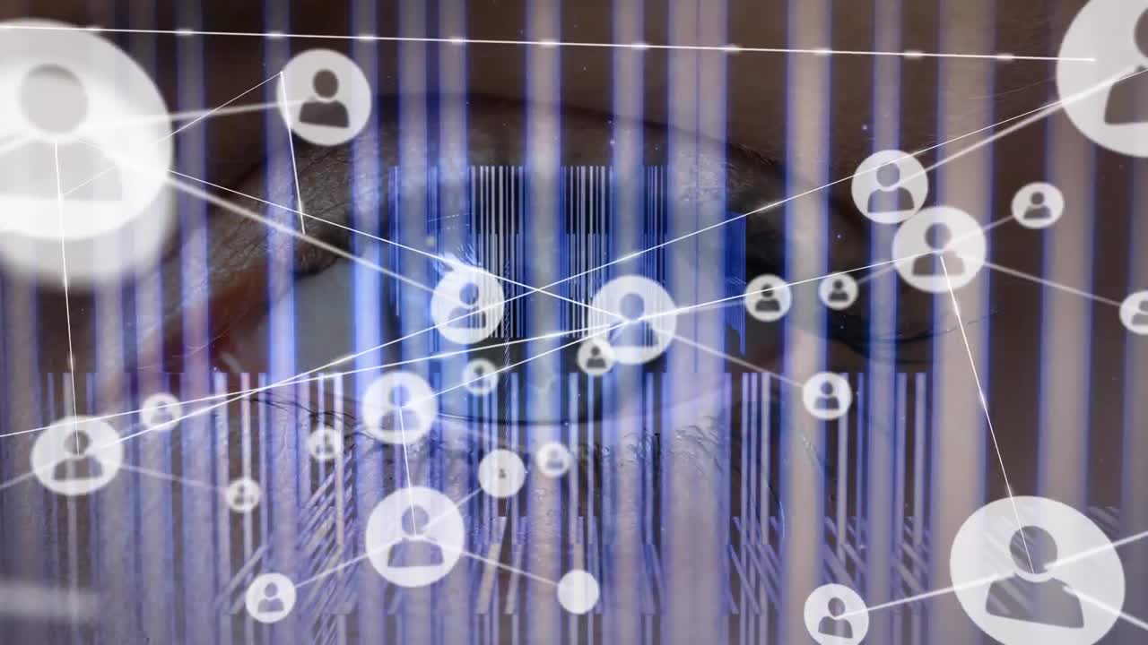 el ojo de una hembra abierto y cerrado mientras un código de barras de color púrpura se mueve en primer plano