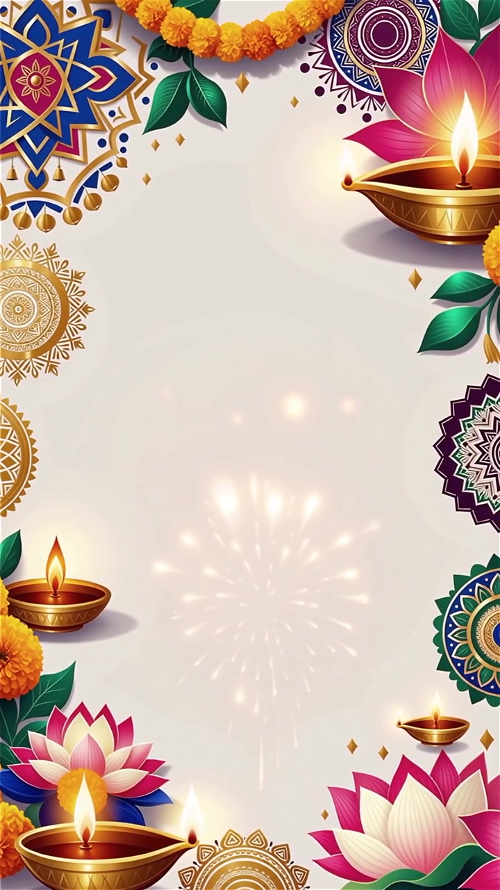 Sfondo Diwali con Diyas luminosi, Rangoli e fiori di loto