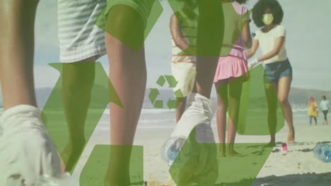 Animation-of-recycling-icon-over-african-american-family-picking-waste-on-sunny-beach