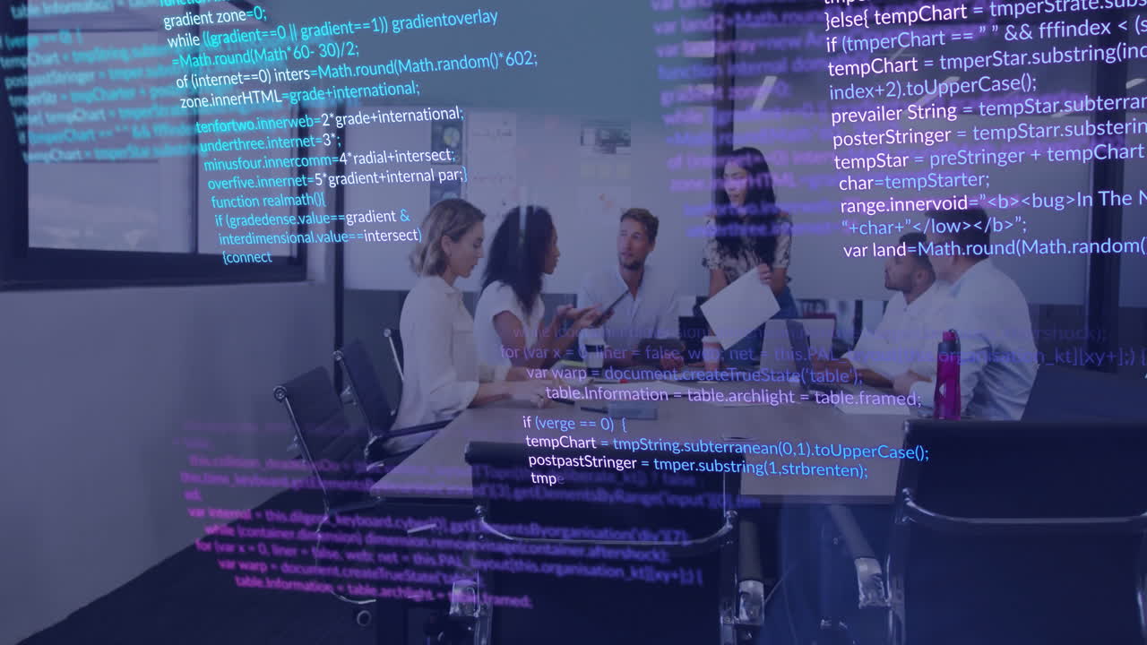 animación del procesamiento de datos financieros sobre diversas personas de negocios en la oficina