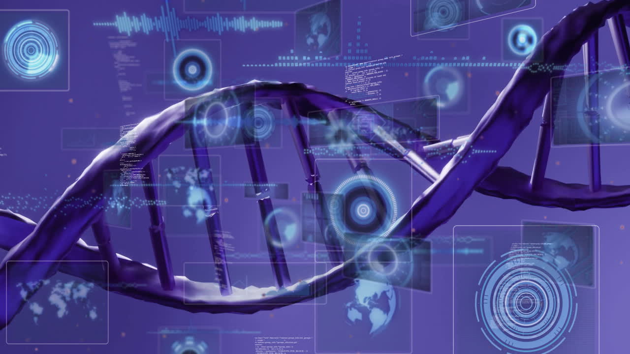 DNA strand with digital animation visualizing data on purple background