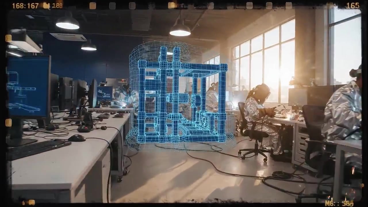 Ingeniører sveiser og bruker utvidet virkelighet 3D-modeller på et moderne kontor