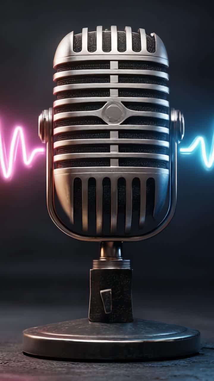 Microfono vintage circondato da onde sonore colorate, che cattura l'essenza della musica e dell'espressione audio in uno stile visivo moderno.