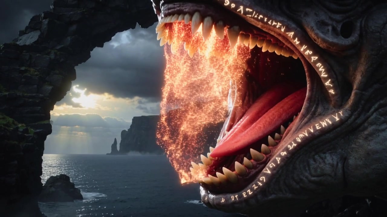 Runes brightening, giant head opening jaws and emitting ember shower at rock arch with sharp teeth