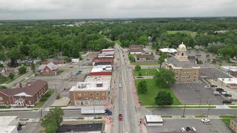 Corunna,-Michigan-downtown-with-drone-video-moving-down