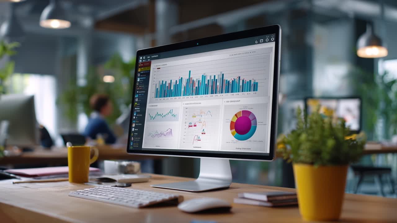 Dataanalyse og visualisering: En detaljert oversikt over grafer, diagrammer og trender på en moderne dataskjerm i et lyst kontormiljø