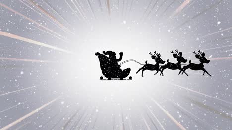 Snow-falling-on-santa-claus-in-sleigh-being-pulled-by-reindeers-and-light-trails-on-grey-background