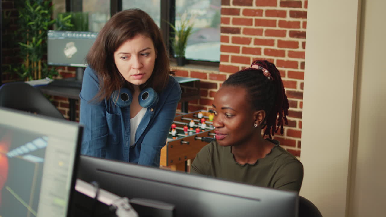 Team of office workers brainstorming ideas to create 3d content