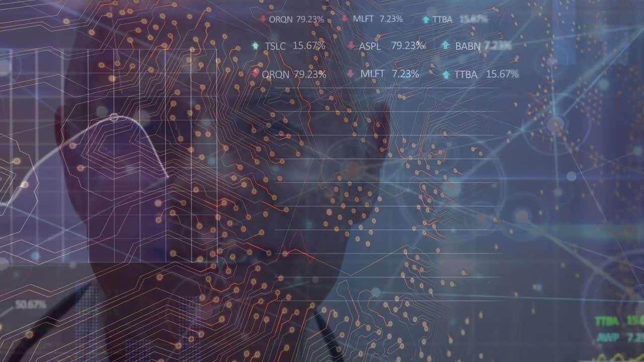 연결 네트워크와 컴퓨터 회로판의 애니메이션 백인 남성 의사