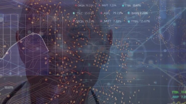 Animation of network of connections and computer circuit board over caucasian male doctor