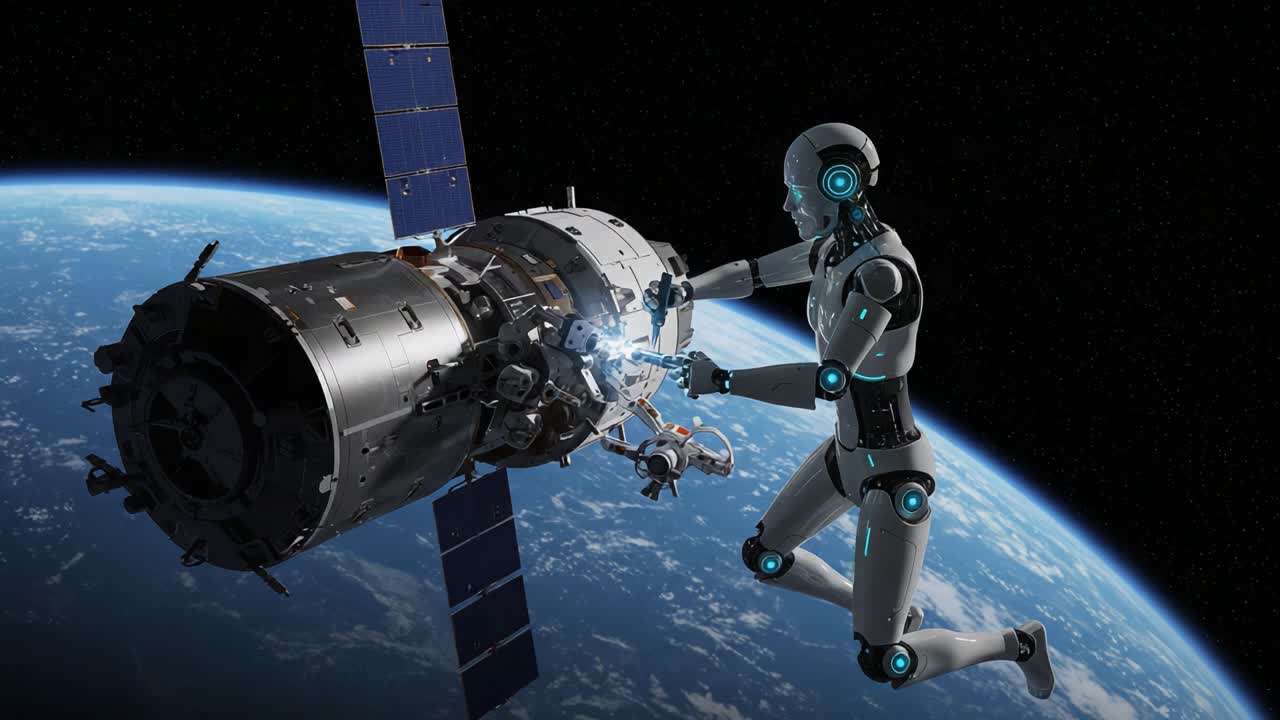 A humanoid robot performs a delicate repair on a space module, showcasing advanced technology and the future of human-robot collaboration in outer space