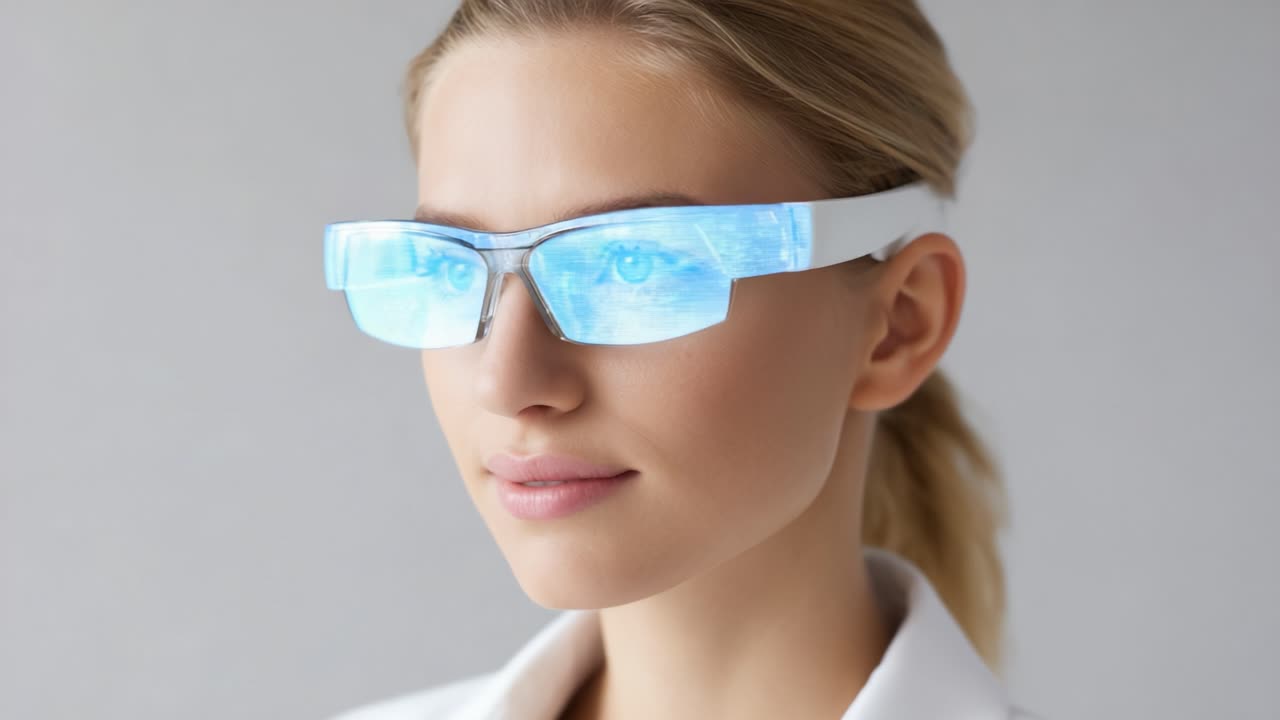 A Woman Showcasing Innovative Technology with Smart Glasses, Transitioning from an Illuminated Lens to a Bright, Futuristic Display, Symbolizing Advances in Visual Technology